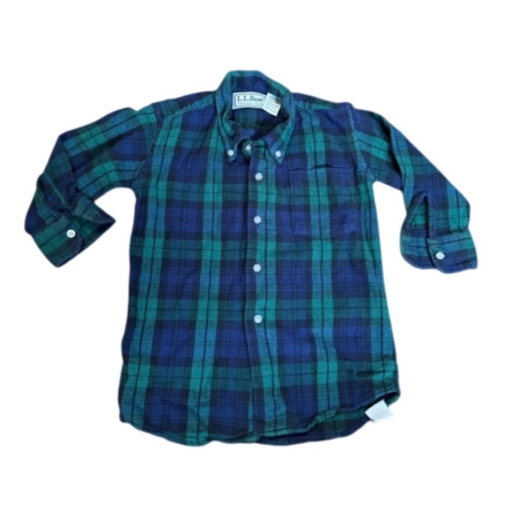LL Bean Boys 24-36 M Toddler Vintage Blue Green Plaid Flannel Button Down Shirt